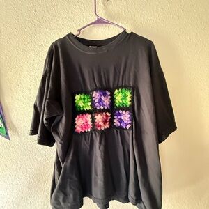 BDG Black Short Sleeve Tee with Colorful Crochet Square Panel